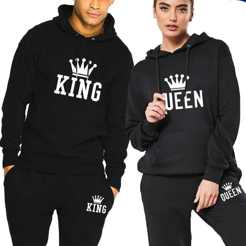 King Queen Mens Tracksuit Fashion Casual Hooded Sweatshirt+Pants Sets HighQuality Daily Jogging Fitness Sports Couple Suit S-4XL