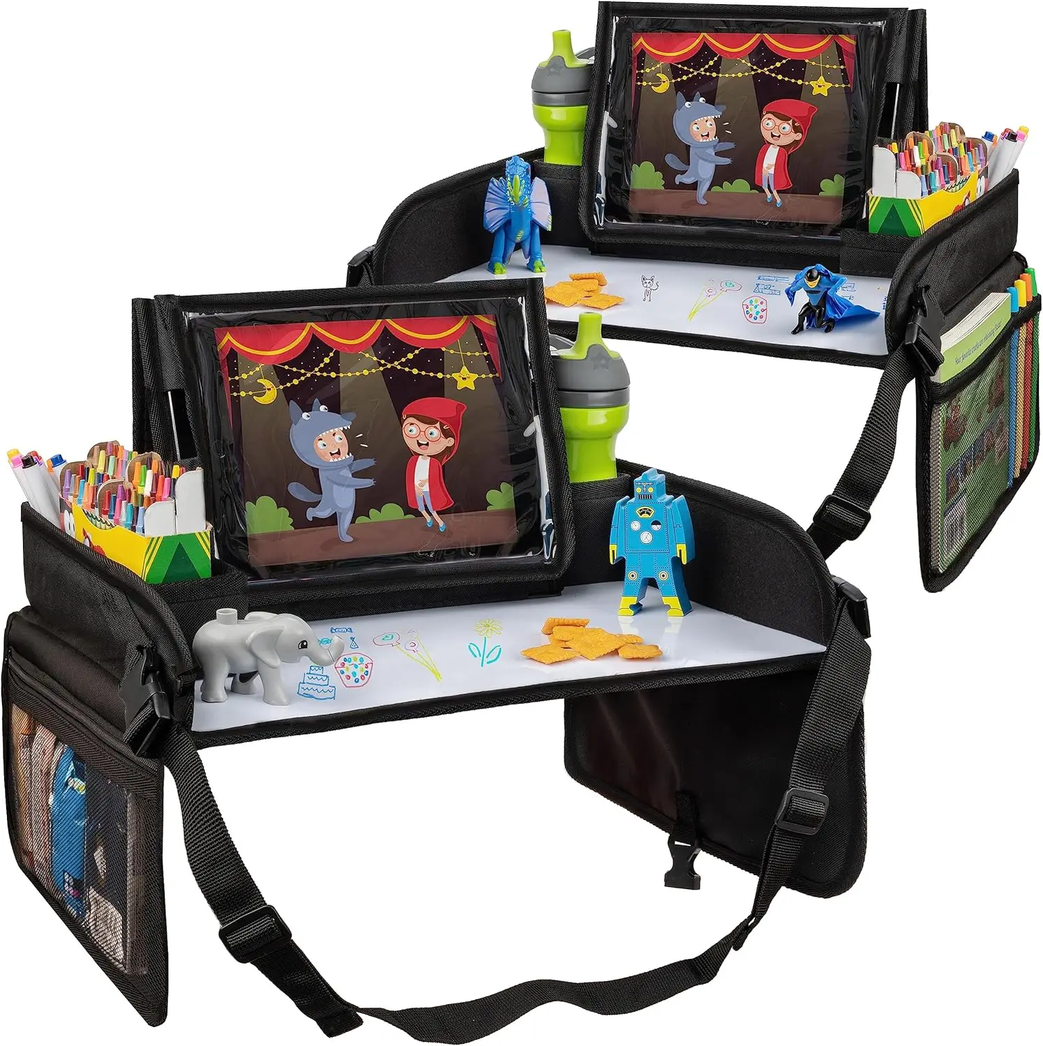 

Kids Travel Tray with Tablet Holder, Cup & Mesh Pockets - Dry-Erase Surface for Car Activities, Folds for Storage