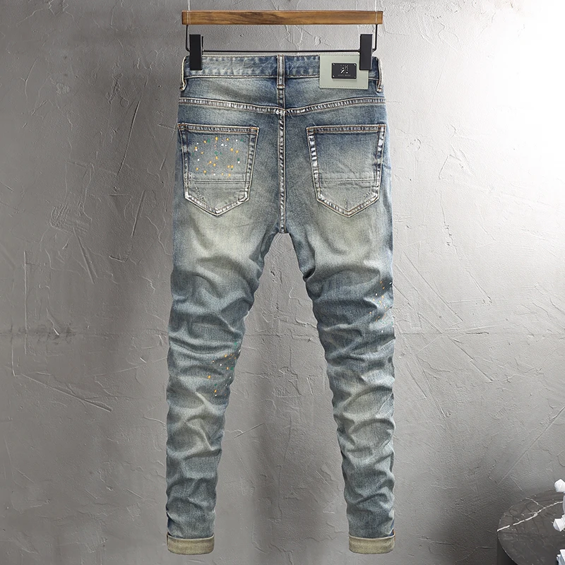 Street Designer Fashion Men Jeans High Quality Retro Blue Stretch Slim Fit Painted Ripped Jeans Men Hip Hop Vintage Denim Pants