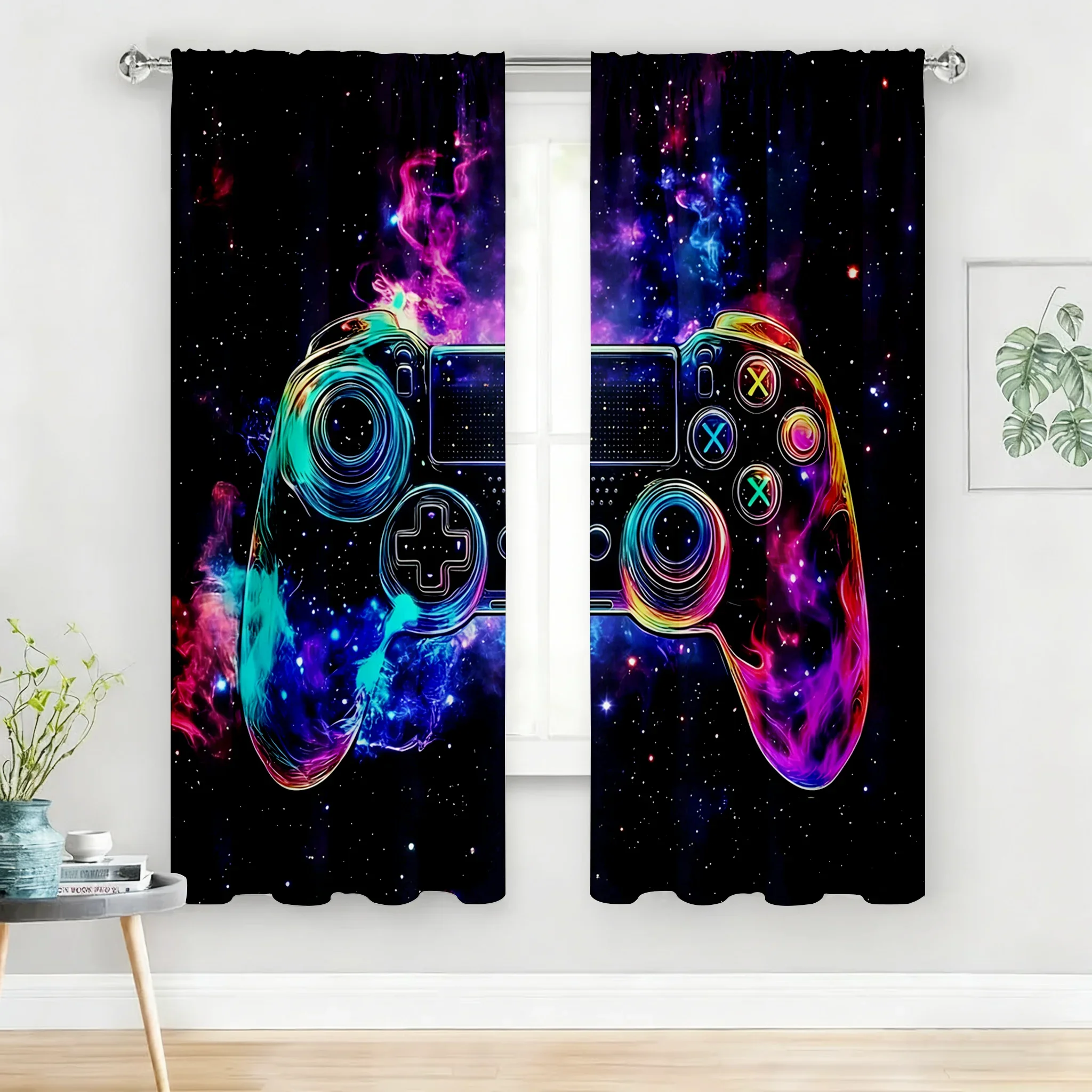 Gaming Controller Curtain Pair Neon Cosmic Nebula Space Video Game Aesthetic Window Curtains Set Decor