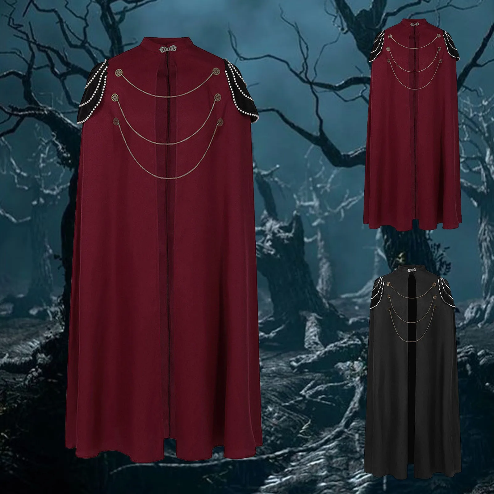 

Men's Halloween Cosplay Costume Steampunk Red Cape Metal Chain Medieval Knight Black Cloak Victorian Royal Coat