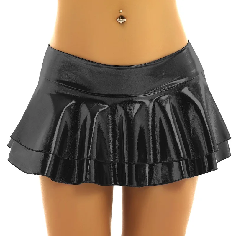 Women PU Faux Leather Solid Color Pleated Micro Mini Skirt High Waist Sexy Short Skirts Party Clubwear Costume Lingerie