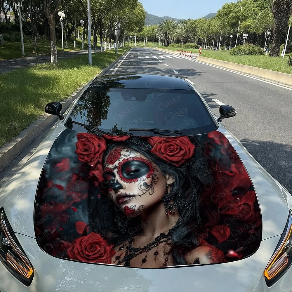 

Vibrant Day of the Dead design with red roses and intricate face art, perfect for car hoods. Adds a bold, artistic touch to any