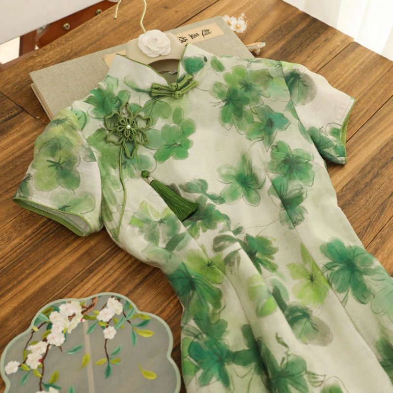 Summer Romantic Green Printed Cheongsam Spring 2022 Young Improved High-end Elegance Traditional Sexy Cheongsam Qipao Modern