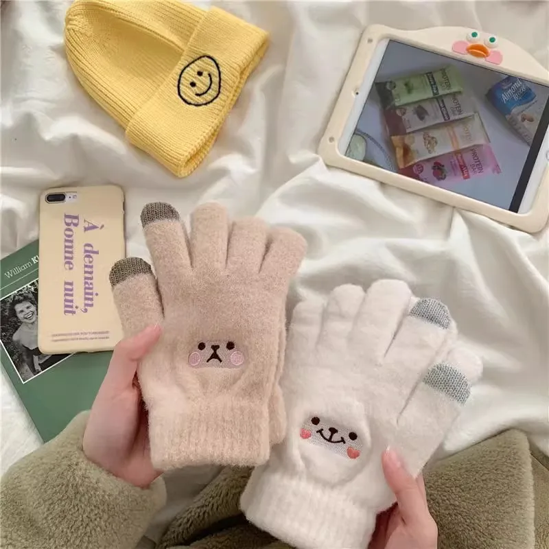 Gants tricotés en laine pour femmes, gants en coton doux, dessin animé mignon, ours souriant brodé, écran tactile, Kawaii, chaud, femme, automne,