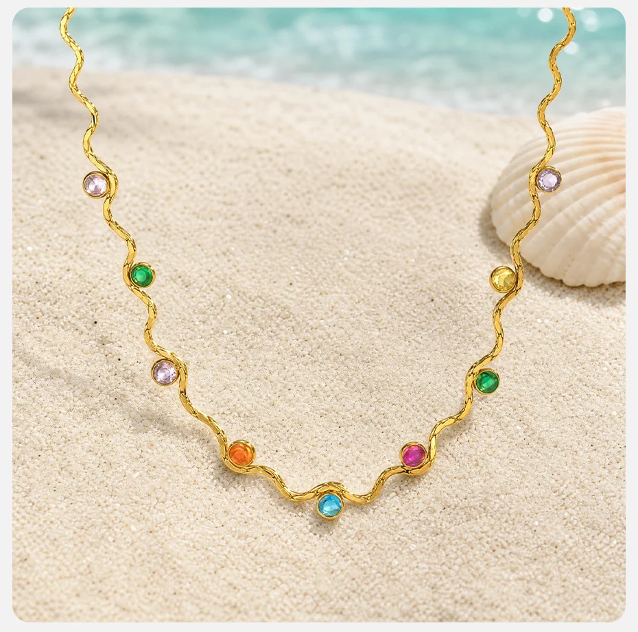 Vnox Trendige Vergoldete Bunte Zirkonia-Wellenkette für Damen, Exquisite Edelstahl-Schlüsselbeinkette, Bohemian-Schmuck – Detail 6