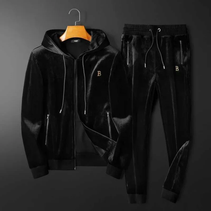 2024 New High End Leisure Sports Hooded Set Men's Gold Velvet Two Piece Set Loose Autumn and Winter New Men's Wear