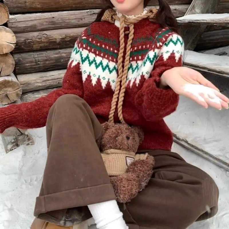 

Women's Pullover Outdoor Daily Wear Fair Isle Retro Color Block Knitted Cardigan Women 2025 Autumn Winter New Atmosphere Red