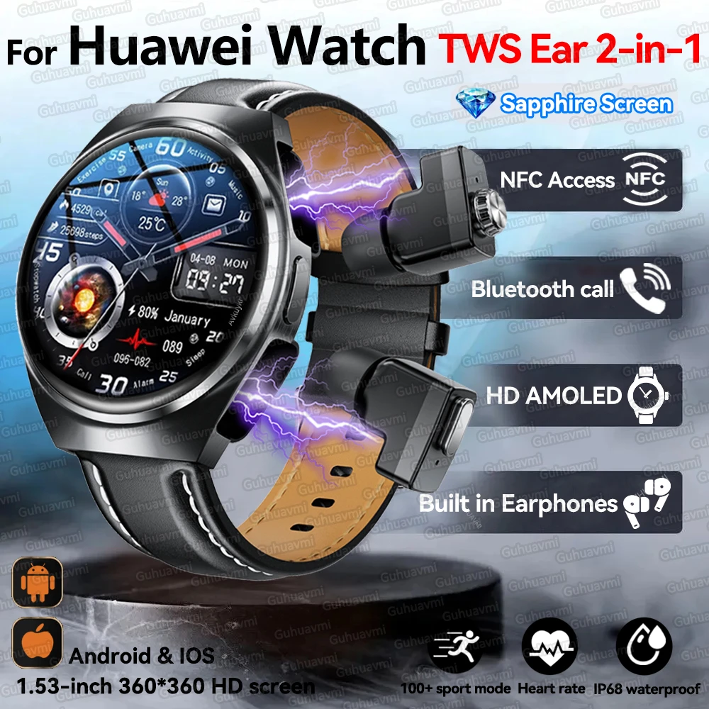 

Для HUAWEI новые часы 2 в 1, умные часы с наушниками, HD, Bluetooth, двойные наушники, монитор здоровья, спортивный трекер, умные часы NFC
