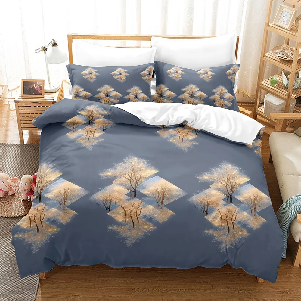 

3PCS Duvet Cover Set Ink Blue Flowering Tree Fresh Art Printed Duvet Cover With 2 Pillowcases Single Twin Queen Size Bedding Set