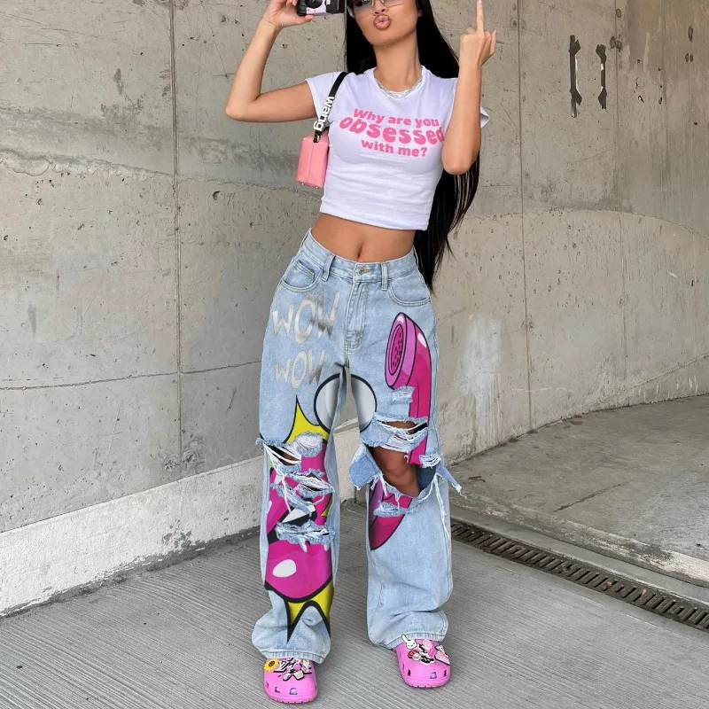 Retro Washed High Waist Wide Leg Jeans Women 2023 Fashion New Product Personalized Print Hollow Hole Straight Leg Trousers