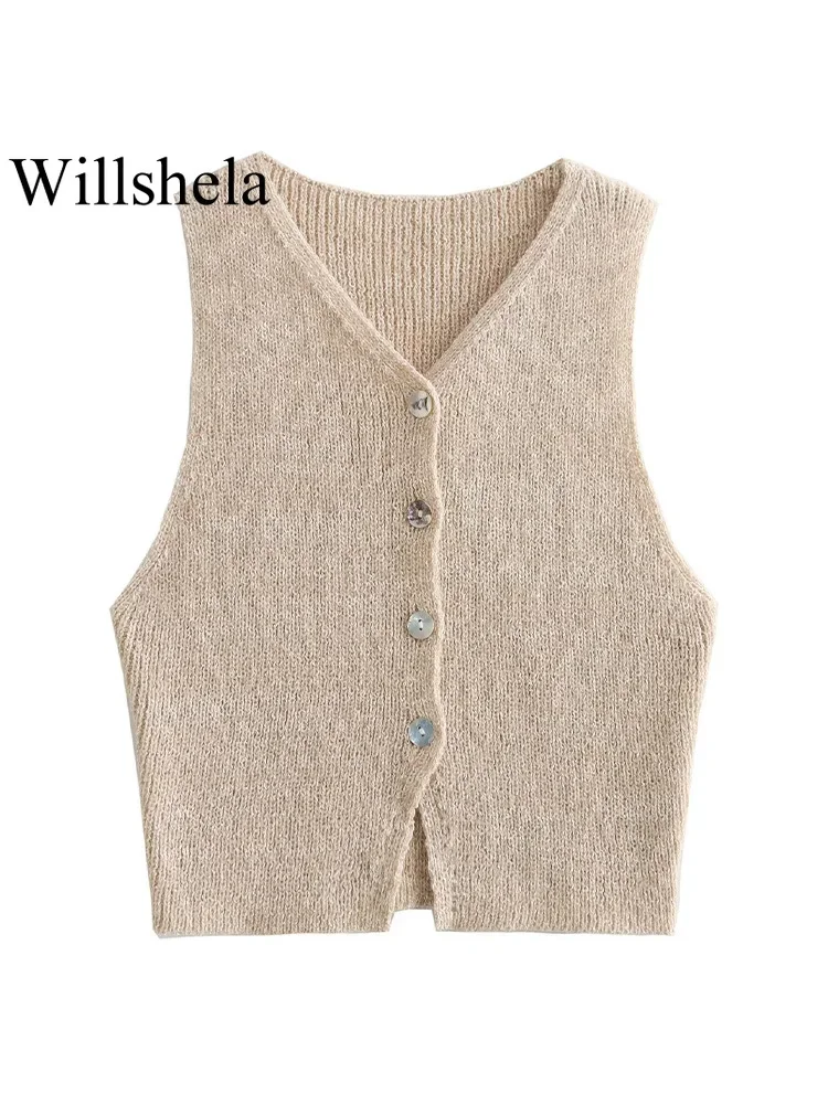 Willshela Women Fashion Beige Single Breasted Knitted Vest Tank Tops Vintage V-Neck Sleeveless Female Chic Lady Top