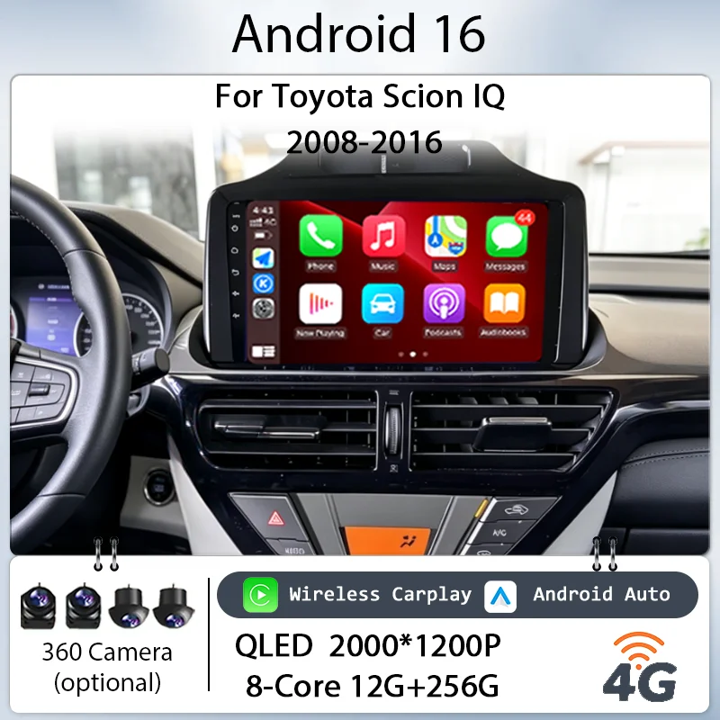 Auto-Stereoanlage IPS HD Touchscreen Kabelloses CarPlay GPS-Navigation BT WiFi DSP Player Headkit 9" Android 16 für Toyota Scion IQ 2008-2016