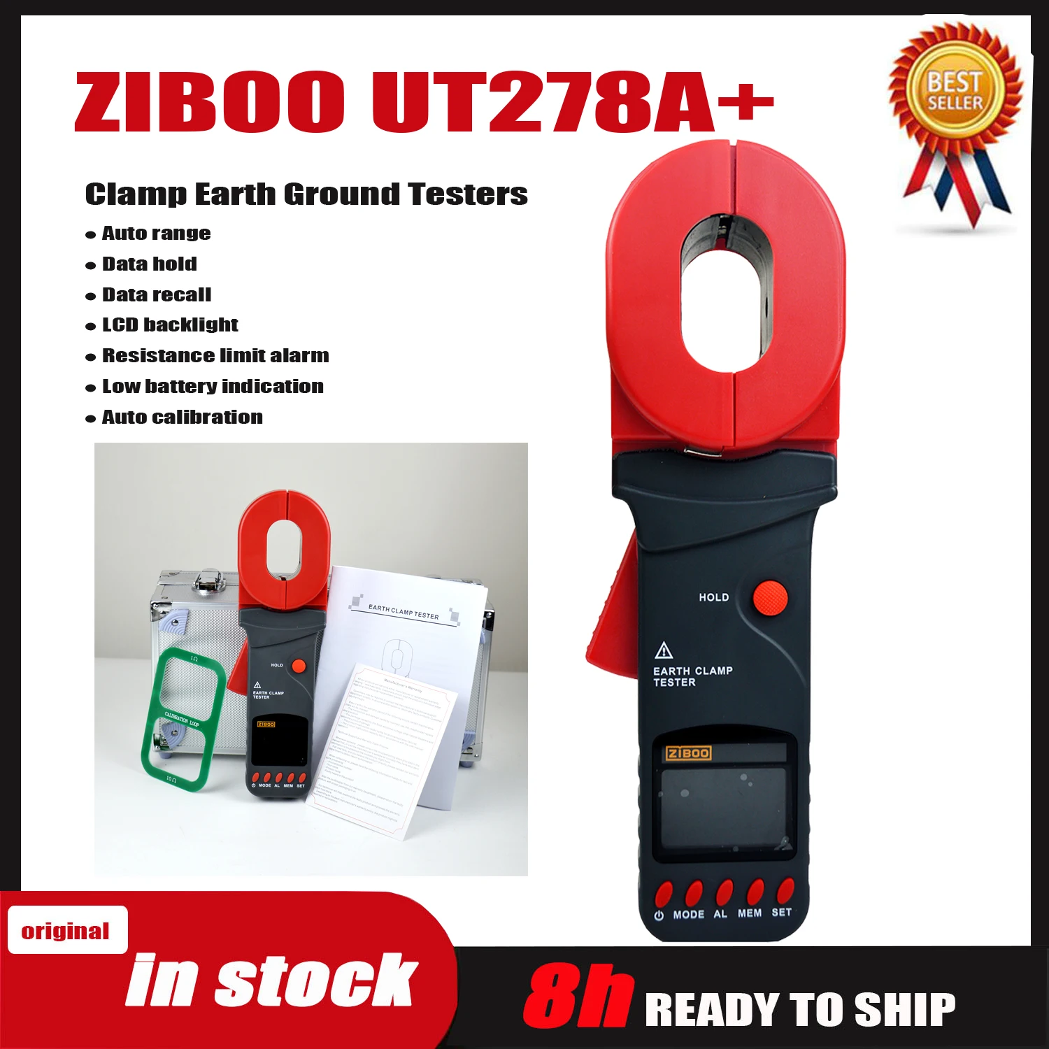 ZIBOO UT278A + 클램프 접지 저항 테스터, 접지 루프 저항 32mm, 큰 턱 누설 전류 감지, FIT UNI-T 호환