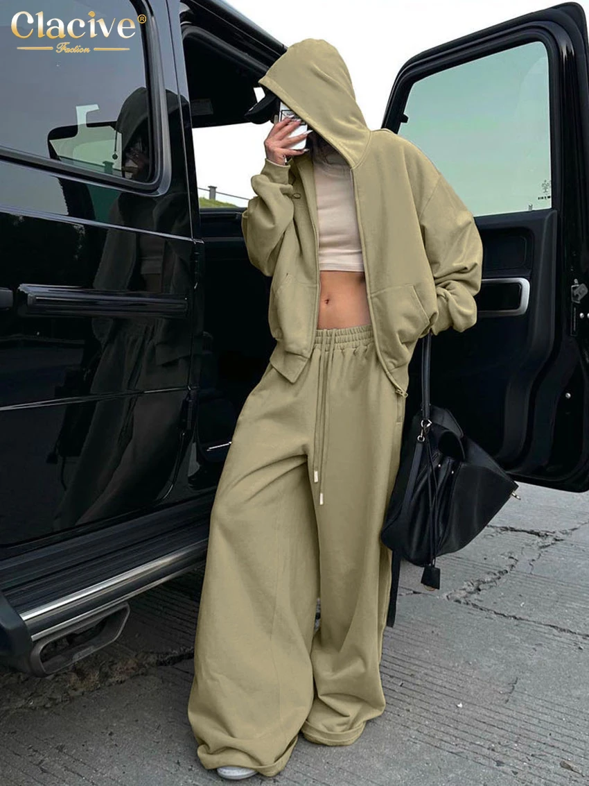 Clacive Casual Loose Khaki Trousers Sets For Women 2 Pieces 2025 Elegant Long Sleeve Hooded Shirt With Mid Waist Wide Pants Set