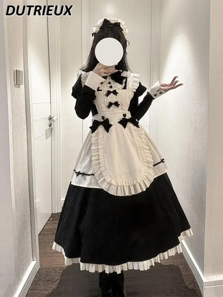 

Japanese Gothic Maid Style Black and White Contrast Doll Collar Long Dress Elegant Lolita Sweet Girls Waist OP Maxi Dresses