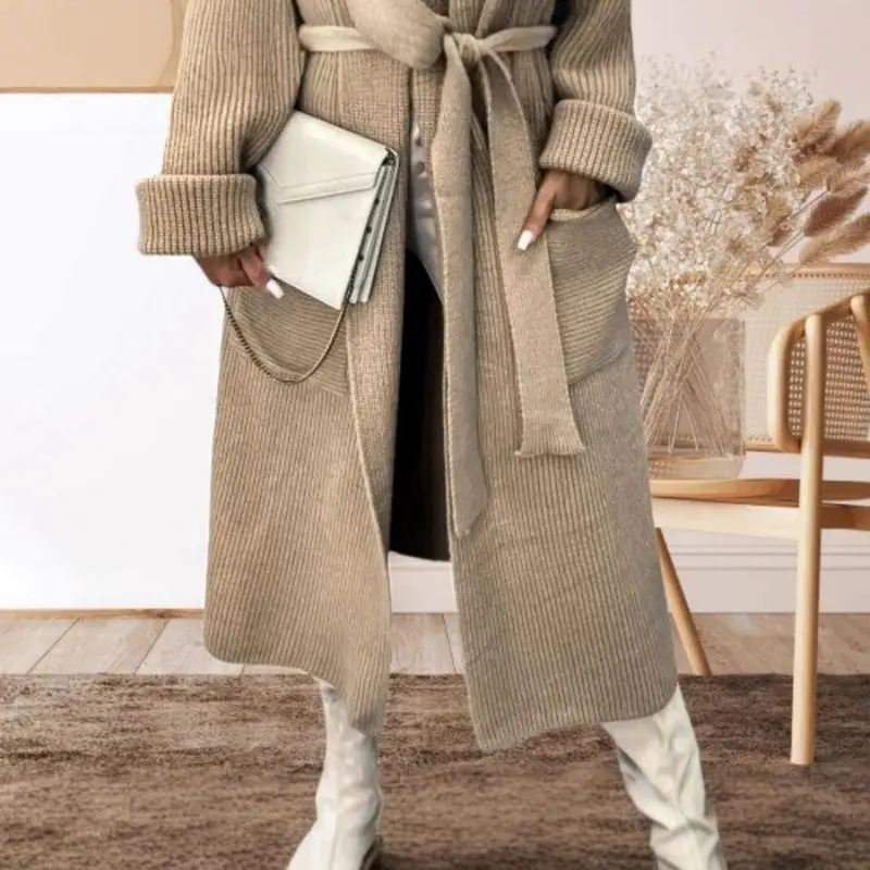 Luźny sweter-płaszcz damski z kołnierzem, jesienno-zimowy, nowy, modny, odzież wierzchnia, casualowy, do dojazdów do pracy, długi...