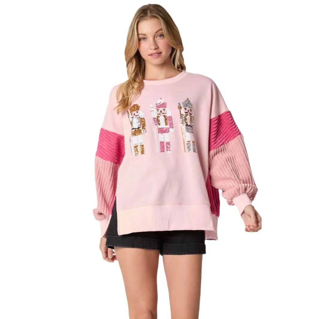 Glitter Christmas Soldier 2024 Autumn Winter Sweatshirt Vintage Harajuku Long Sleeve O-neck Streetwear Women Clothes Loose Top