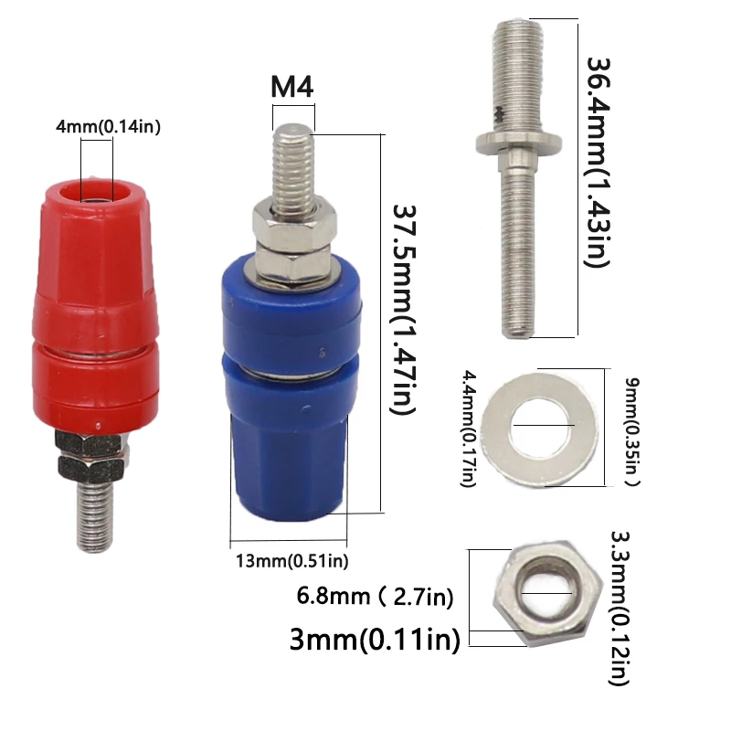 【10-2PCS】M4X36 Pure Copper Terminal 4MM Banana Jack Socket 20A Binding Post Banana Plug Connector  Black Red Blue Green Yellow