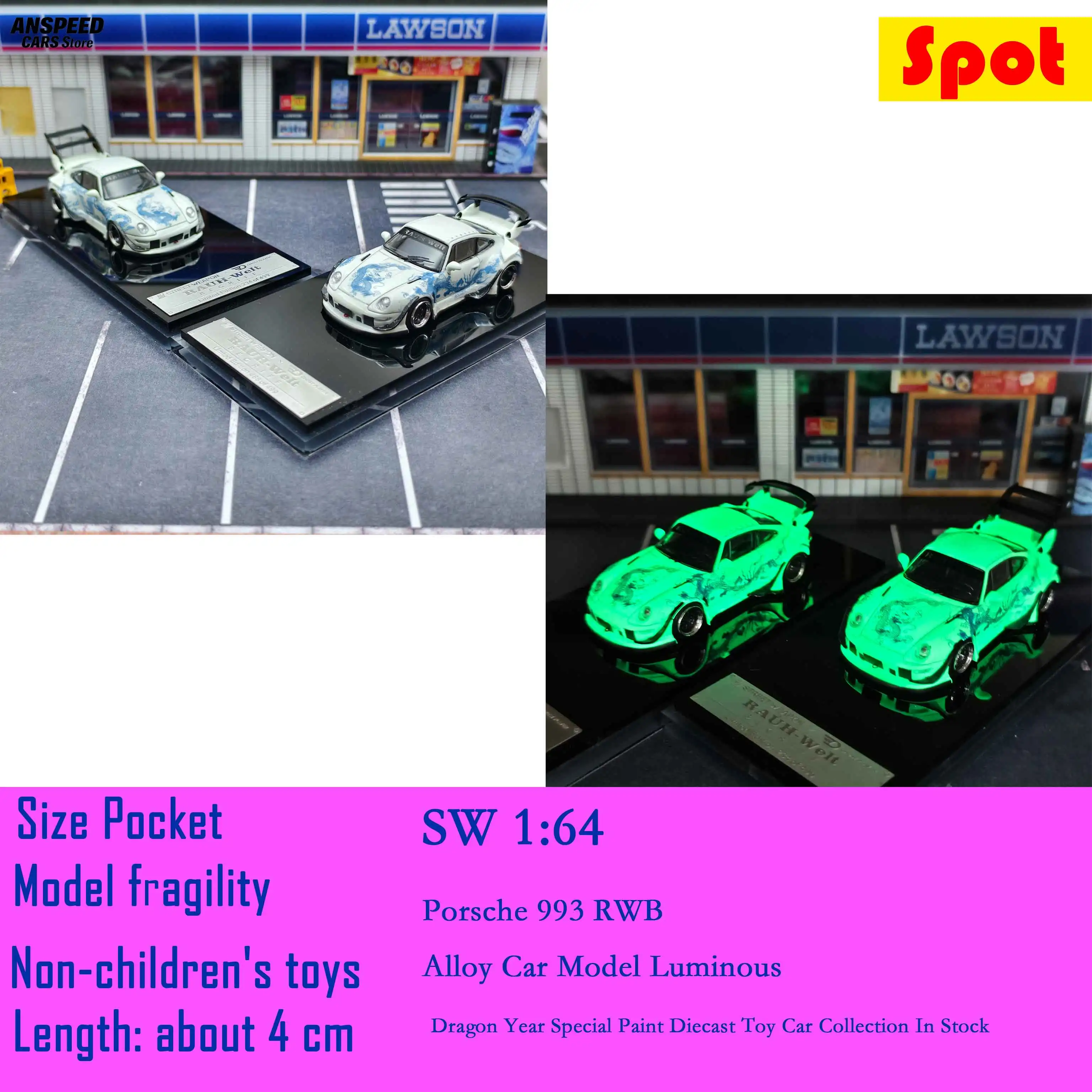

SW 1:64 Porsche RWB 993 Diecast Car Model Luminous Dragon Year Limited Edition Alloy Vehicle Toy Collection Gift