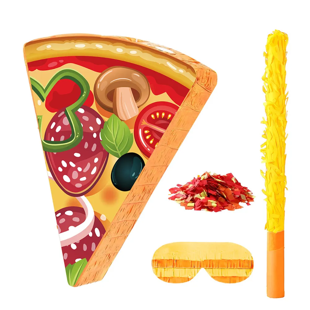 1 Set Piñata de Pizza para Fiesta de Cumpleaños, Decoración de Cartón y Papel Crepé, Palo para Atar los Ojos, Rellenable con Confeti, Juego Temático de Comida Cinco de Mayo