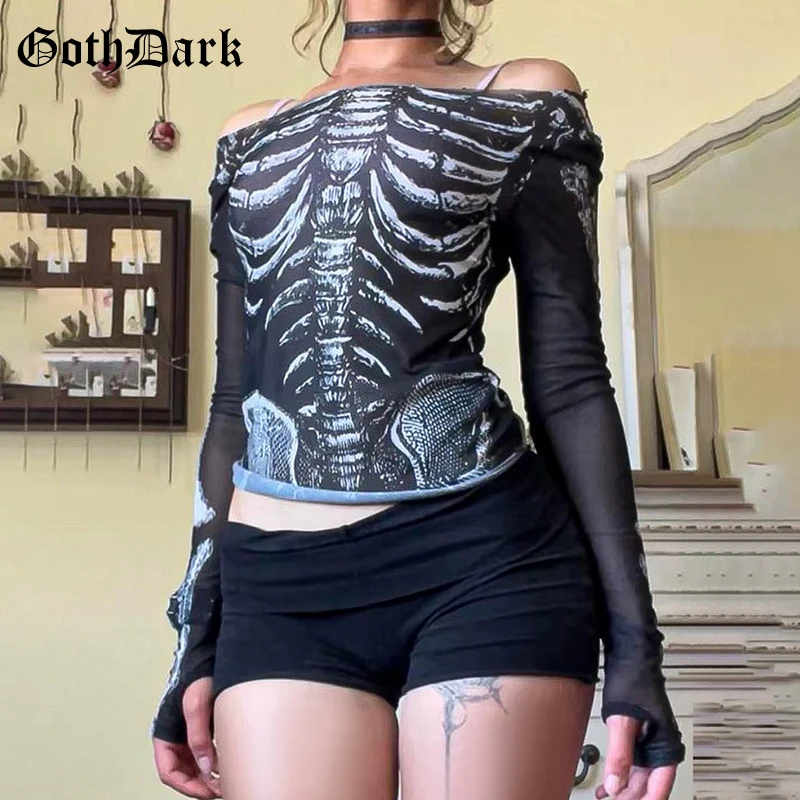 

Goth Dark Mesh See Through Long Sleeve T-shirts Mall Goth Print Pullovers Tops Women Sexy Sheer T-shirt Slim E-girl Streetwear