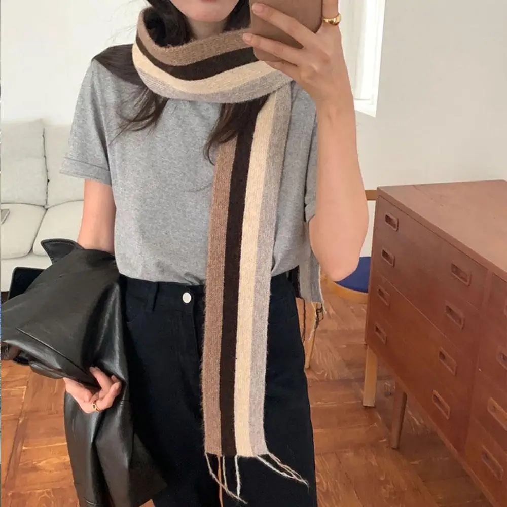 

Narrow Winter Scarf Long Strip Neck Warmer Block Knitted Scarf Korean Stripe Color Fashion Scarves Women Neck Warmers