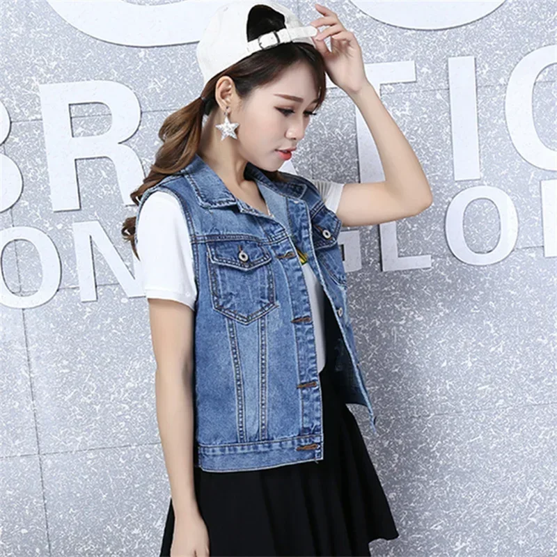 

New Vintage Hole Sleeveless Jean Waistcoat Short Jacket Female Outerwear M-3XL Spring Autumn Denim Vest Women Clothes