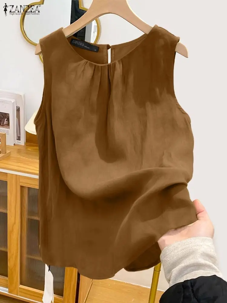 

ZANZEA, женские топы на бретелях, летние футболки без рукавов, однотонные женские майки, модный жилет 2025 года, плиссированные офисные блузки, женские Clotihing