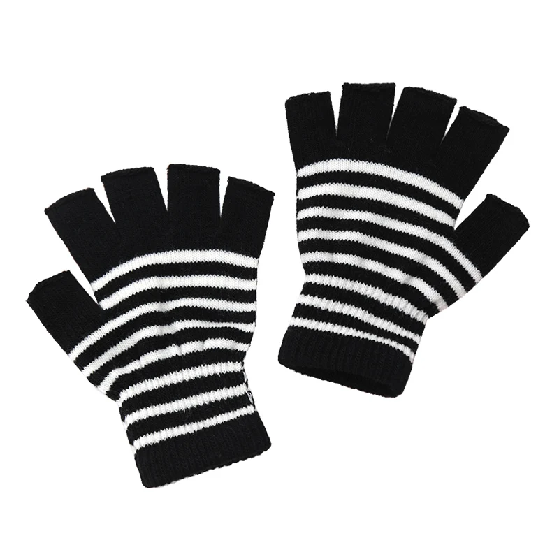 

1Pair Black Stripe Half Finger Fingerless Gloves for Women and Men Knit Wrist Cotton Winter Warm Outdoor Gothic Lolita Mittens