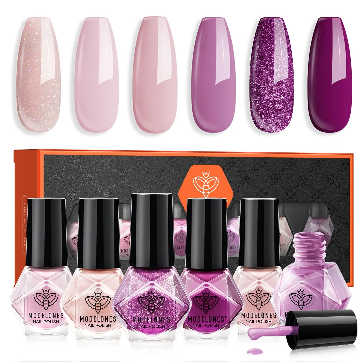 

modelones Purple Nail Polish Set 6 Colors, Glitter Pink Shimmer Sparkle Mini Nail Lacquer Kit, Infinite Shine Quick Dry