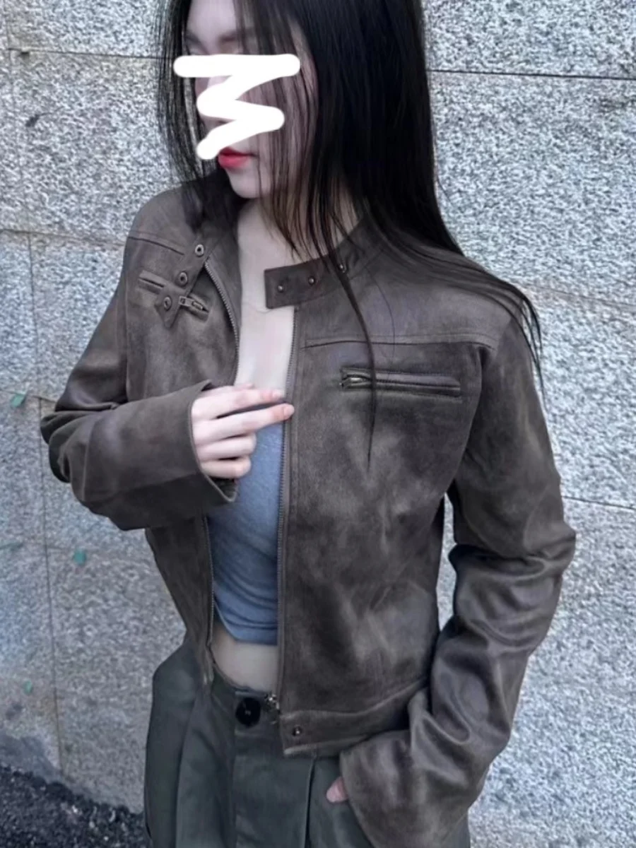 

Retro American Zipper Open Cardigan PU Leather Jaet Street Sle ort Outerwear Slim Fit Stand Collar Versatile Trendy Wom...