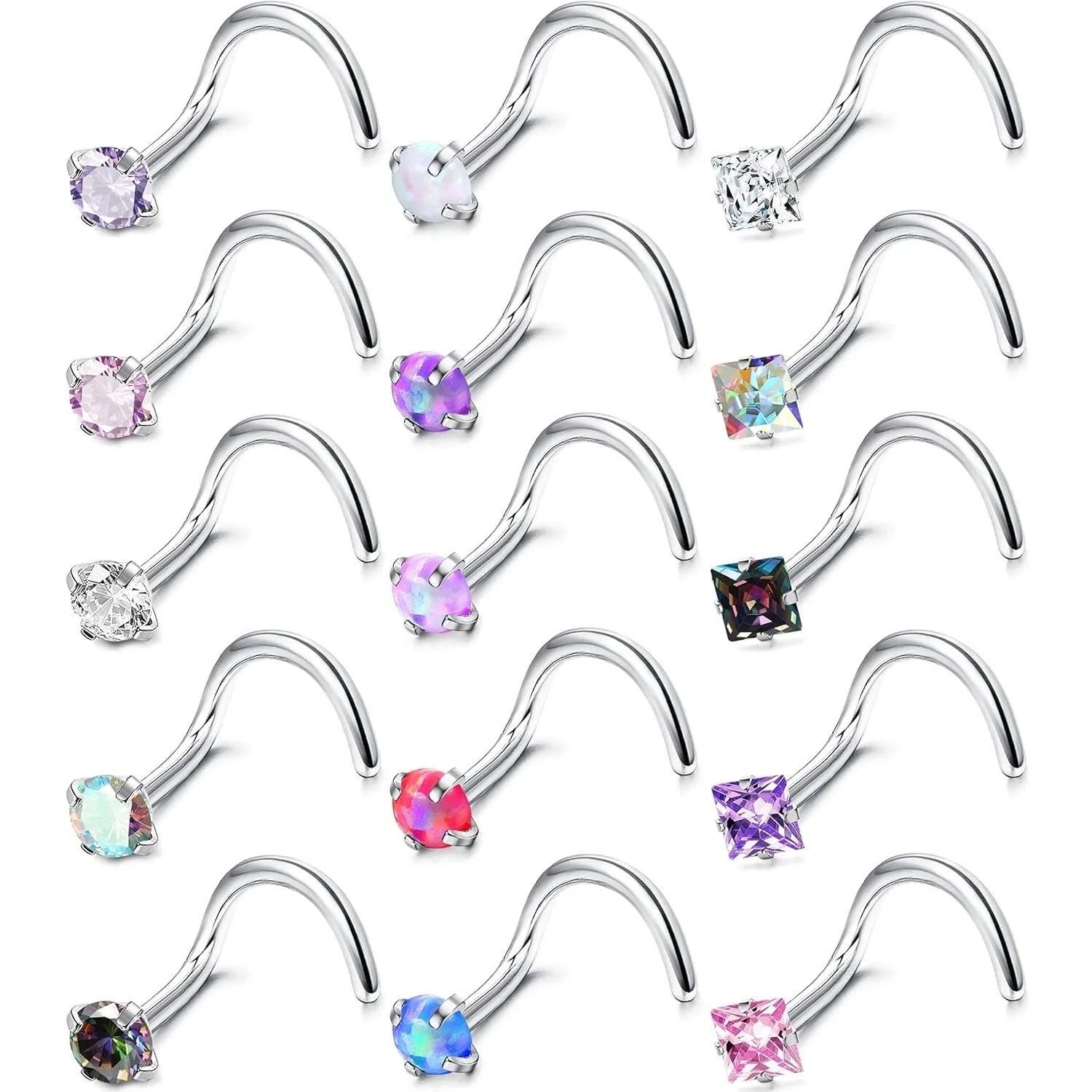 Bobisty 15-teiliges 316L Chirurgischer Edelstahl Nasenring-Set für Damen und Herren, Kubisches Zirkonia Lippen-, Nasen- und Nasenloch-Piercing Schmuckset