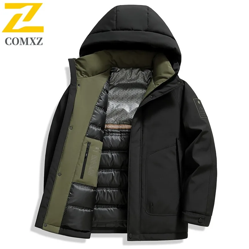 COMXZ Men Down Jacket 2025 New Outdoor Mountaineering Warm Windproof Coat Fashion Hooded Camping Cold Protection Winter Garment
