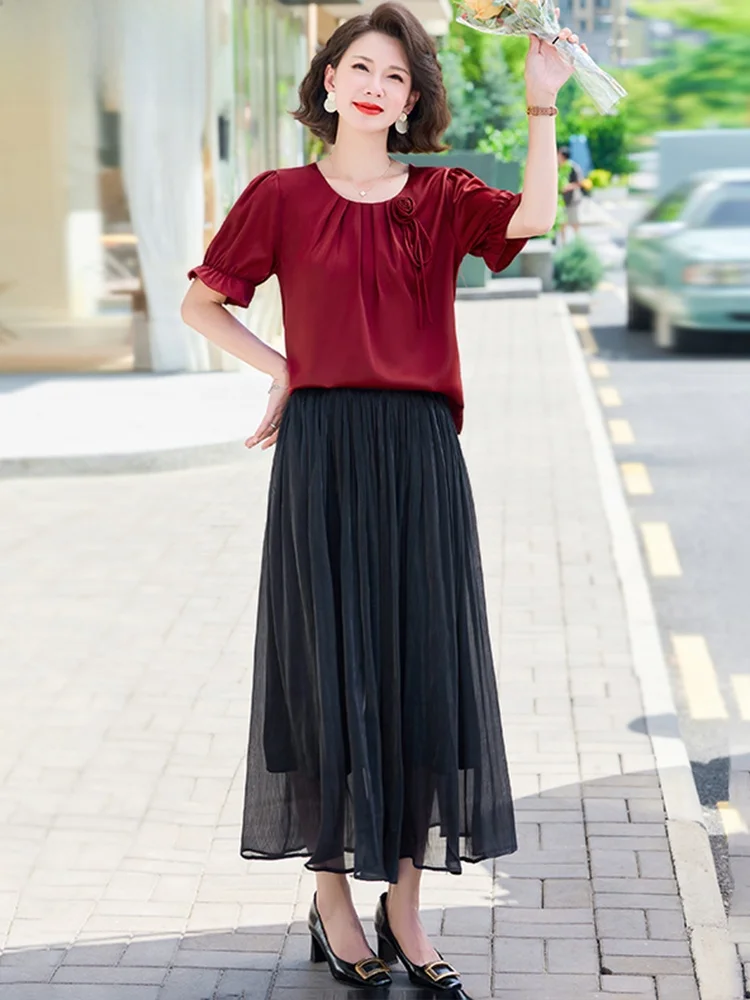 

Summer Ice Silk ort Sve Top And f Skirt Two Piece Set for ort Women Faionable Loose Fit Polyester Blend Korean Sle