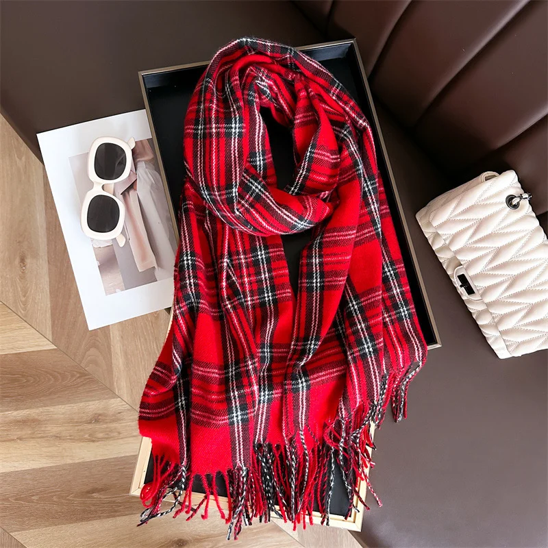 2024 Winter Warm Cashmere Feel Checkered Scarf Thick Shawl Women\'s Headscarf Pashmina Tassel Scarf Christmas New Year\'s Gift