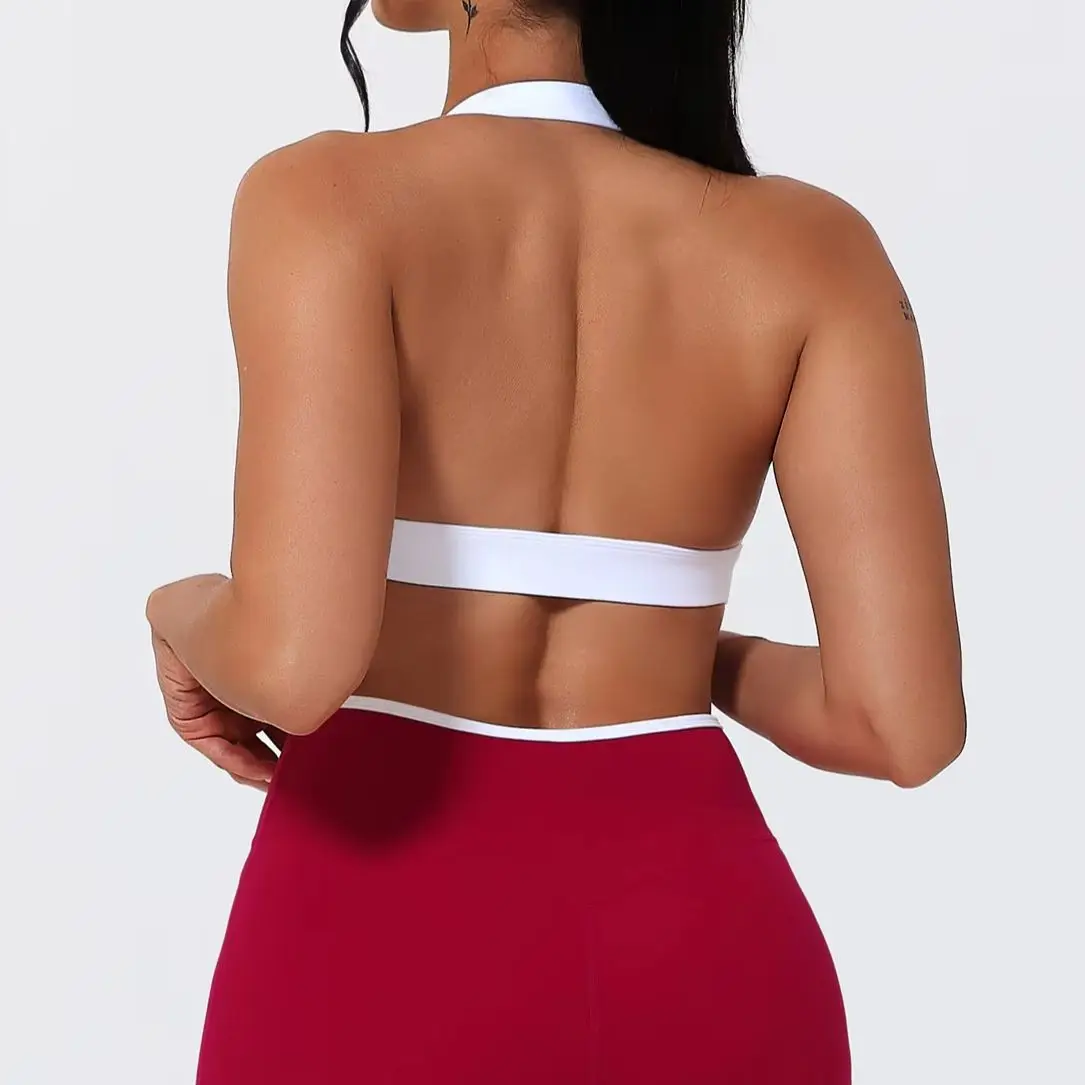 Women Summer Contrasting Sports Bra Shorts Set Female Two-Piece Set Running Shock-Absorbing Neck Hanging Underwear Yoga Set image 4