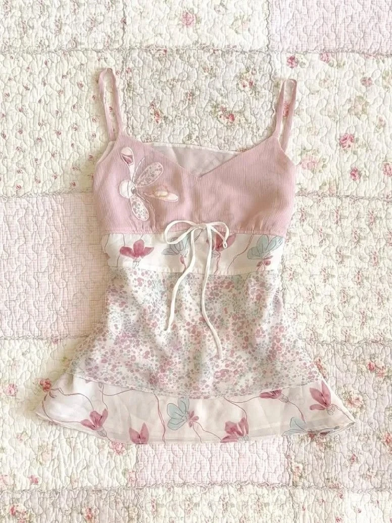 Y2k Sweet Girl 90s Vintage Clothes Sling Lace Pink Summer Slim Sling Top Femme Harajuku Tank Top Gentle Fashionable Y2k Chic Top