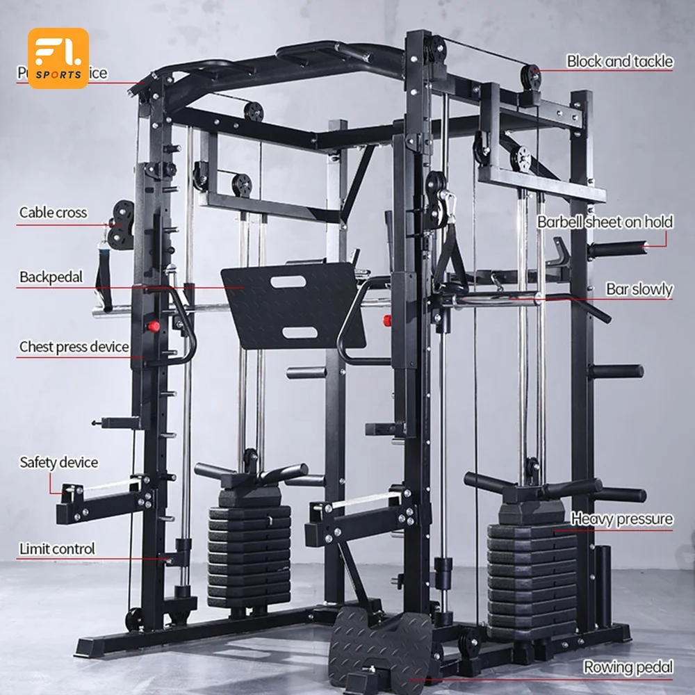 Smith Machine, Multifunction Power Cage with Smith Bar and Two LAT Pull-Down Systems and Cable Crossover Machine for Home Gym