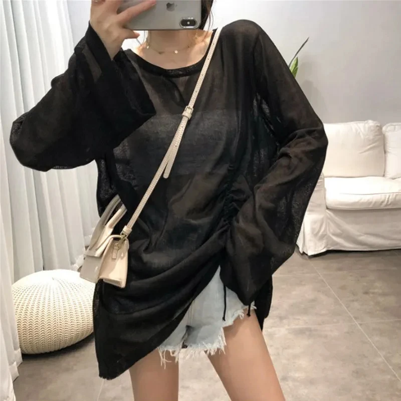 Women Ice Silk Sunscreen T Shirts Korean Shirring Lace Up Loose Top Y2K Summer Sexy Slightly Transparent Female Tees New