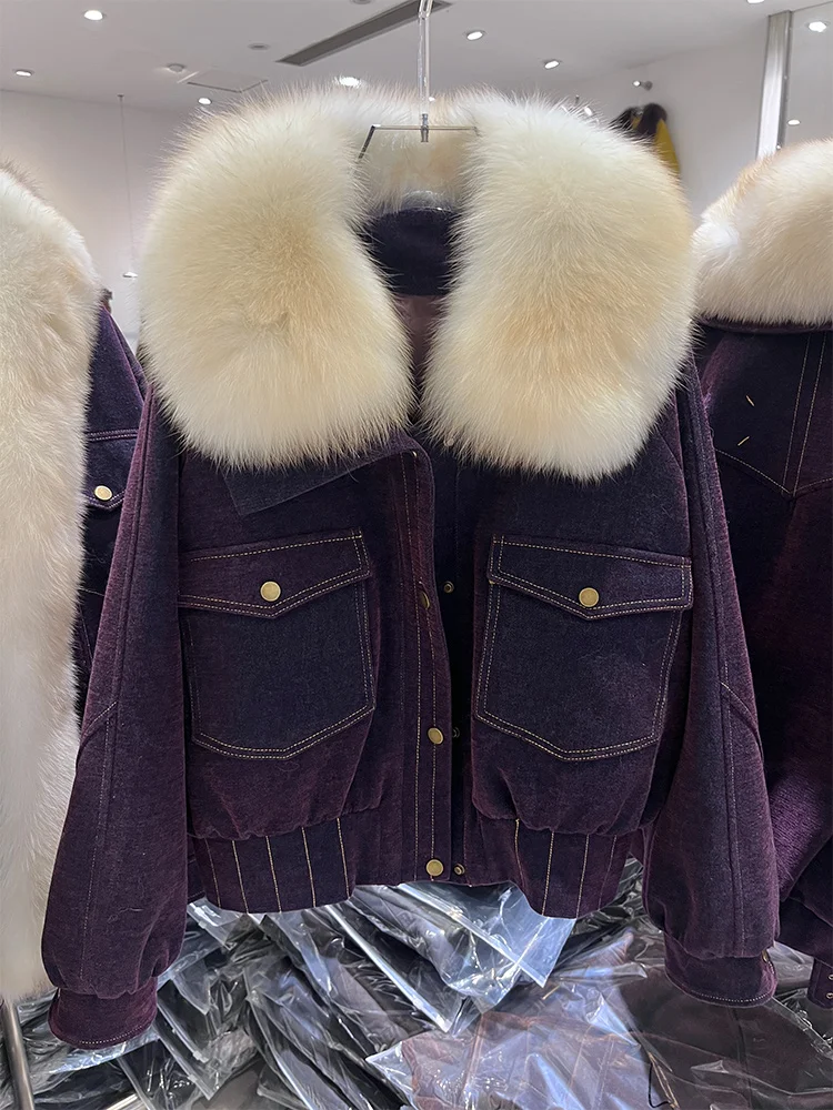 معطف الفرو الحقيقي فرو الثعلب الطبيعي سترة الشتاء الدافئة المرأة أوزة أسفل بطانة داخلية ملء الدافئة سروال قصير غير رسمي النسيج ملابس خارجية #4