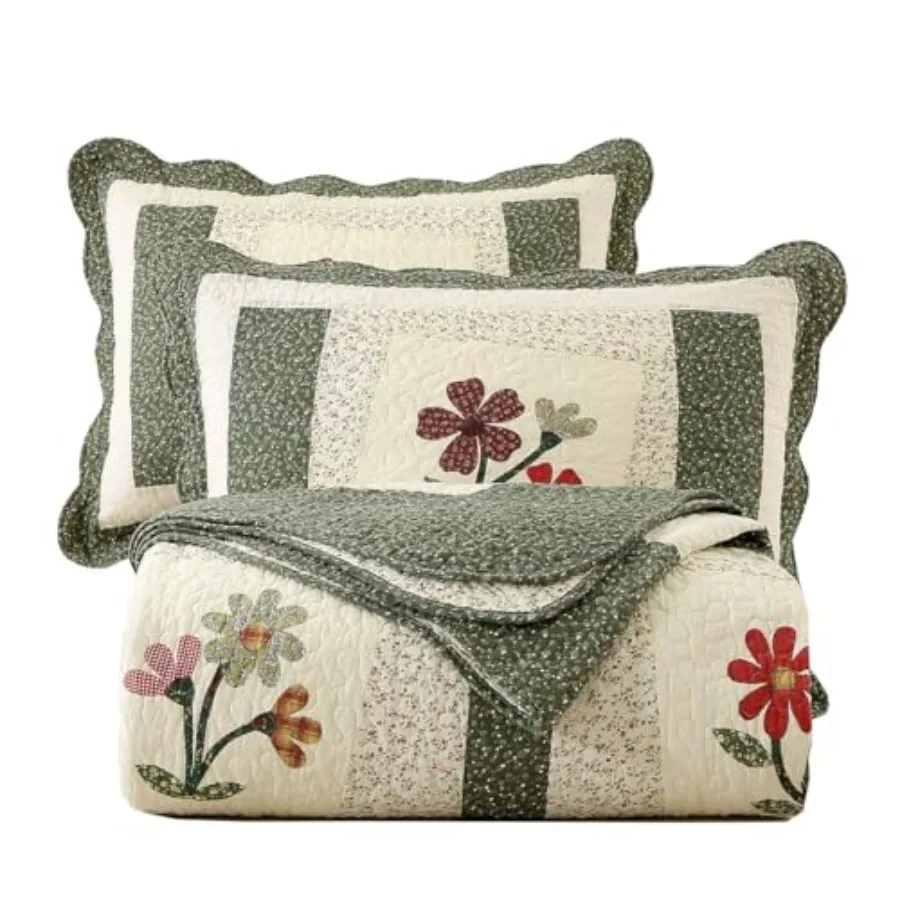 

Farmhouse 3 Pcs Embroiere Floral Quilte Besprea Quilt Set 100% Cotton Reversible Patchwork Coverlet Set 1 Quilt an 2 Pillow Sha