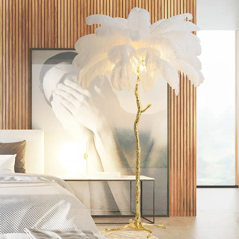 Nordic LED Floor Lamp Luxury Ostrich Feather Lights for Bedroom Living Room Princess Table Light Romantic Tree Branch Design