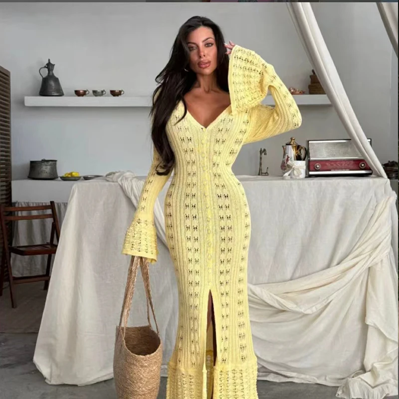 Pure Color Long Style Flare Sleeve Knit Cardigan, Fashion Casual Hollow Out Cover Up, Fitted Moderate Fabric, All Seasons Wear