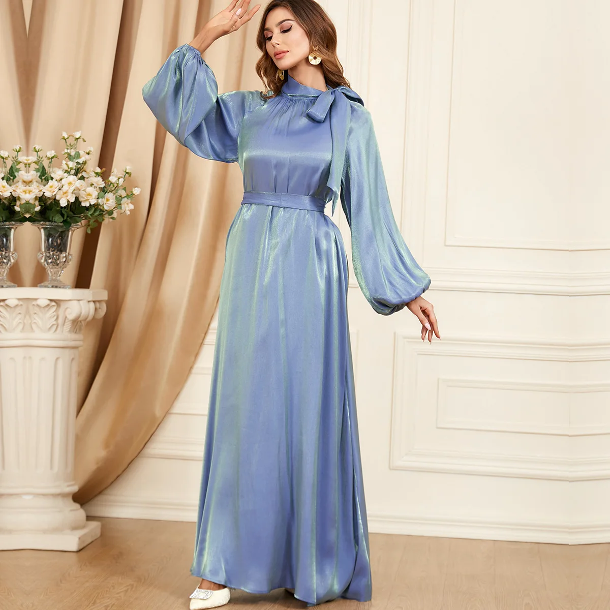 Modern Sle Long Sve Pure Color Belted Dr Arab Faion Women's Clothing A-Line Skirt Loose Waist Spring Summer