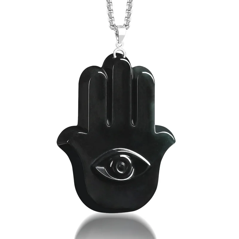 Original Myanmar A-grade Black Chicken Jadeite Fatima Hand Pendant S925 Silver Buckle Set With Jade Vintage Personality