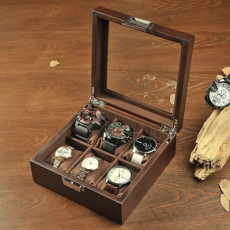 Wooden Watch Organizer Box 6 Slots Watch Collection Boxes Desktop Watches Storage Case Retro Men's Wrist Watches Display Cases