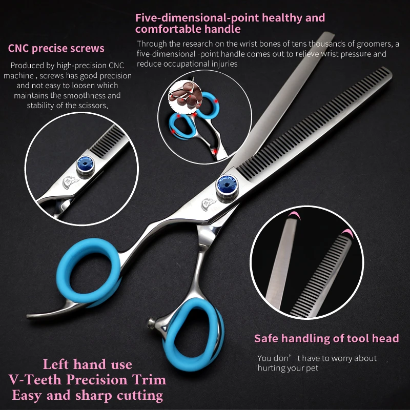 Crane Left Hand 7.0/7.5 Inch Professional Pet Dog Grooming Thinning Scissors VG10 Toothed Blade Shears Thinning Rate About 35%