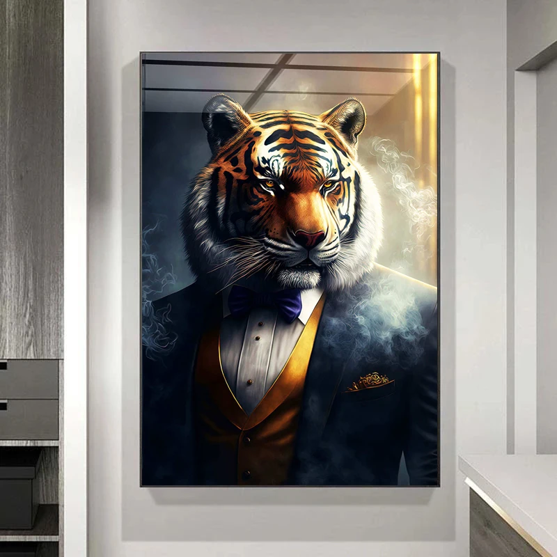 Suit Gentleman Tiger Posters and Prints Canvas Painting Festival Gift for HerHim Wall Art Pictures Home Bar Room Decoration