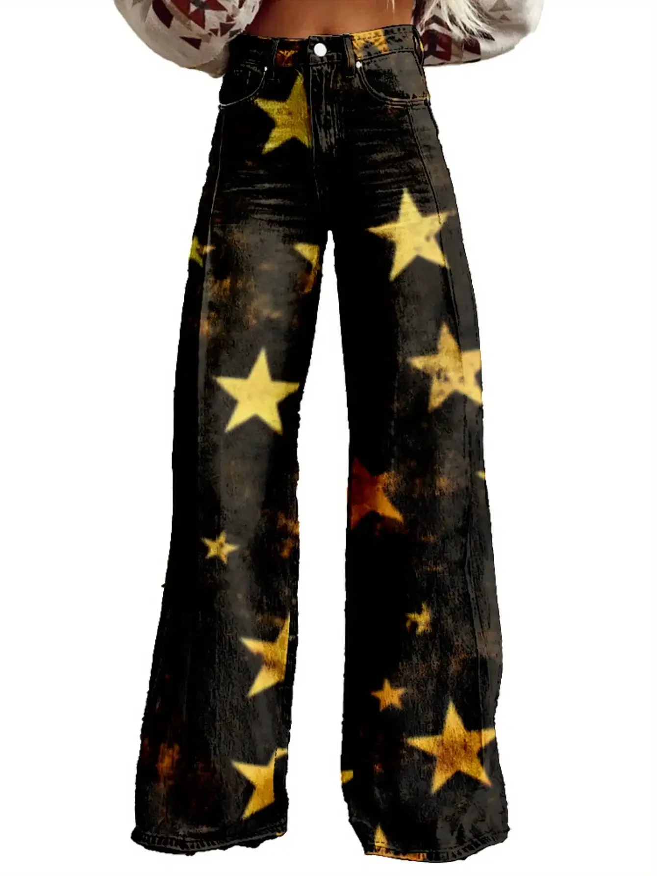 

2026 New women's printed exquisite pattern wide leg imitation jeans, Ladies' Spring and Autumn Pants, Casual Pants